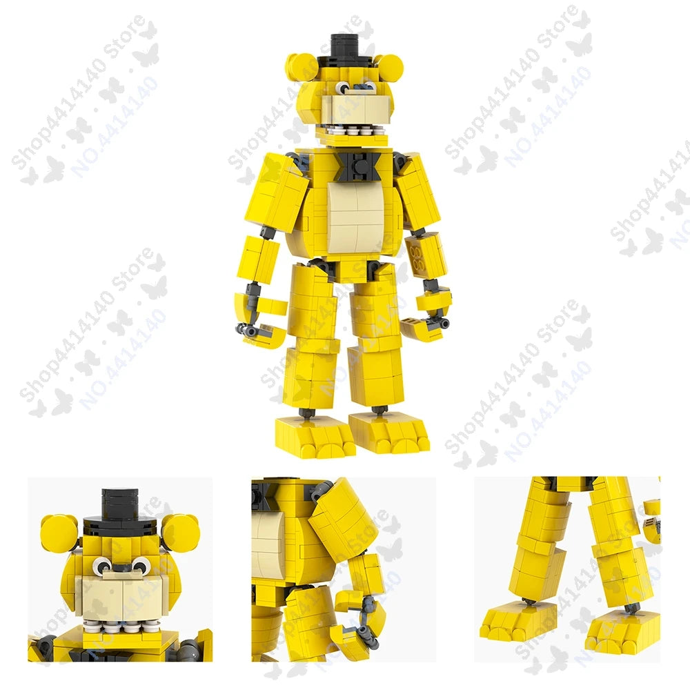 A yellow Five Nights at Freddy's character model built from building blocks.