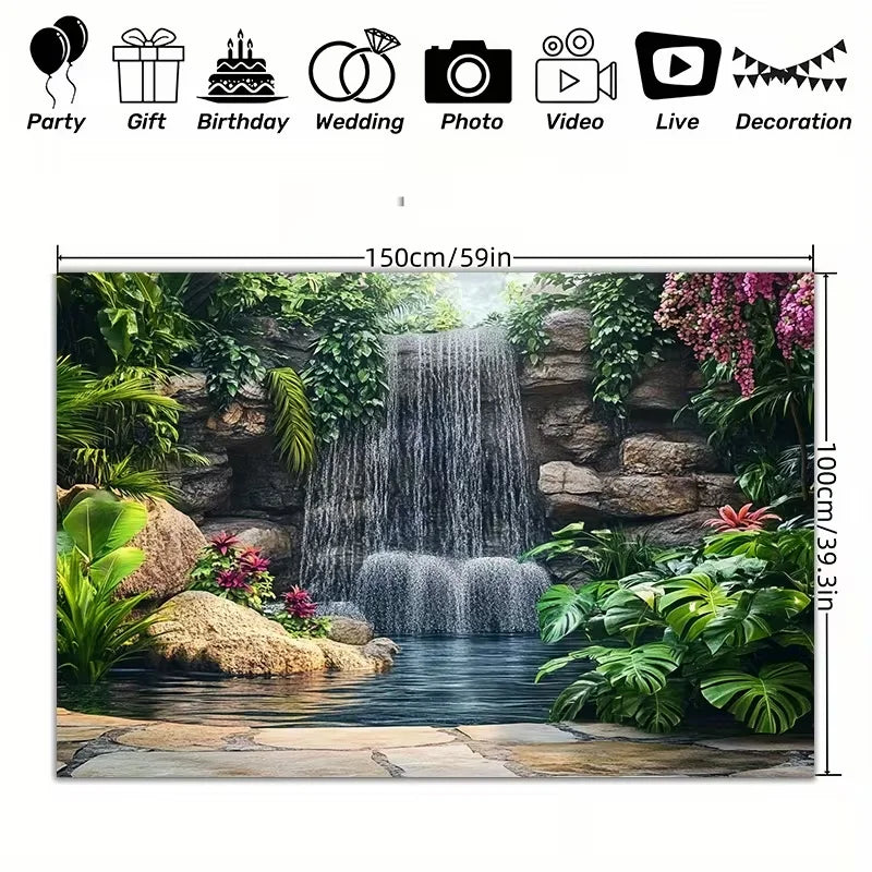 A decorative banner featuring a lush garden waterfall scene with rocks, greenery, and flowing water.