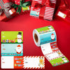 A set of colorful Merry Christmas decorative stickers for gift wrapping and tags shown on a red background.