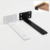 A set of two black and white heavy-duty floating shelf brackets shown with an inset of a wooden shelf.
