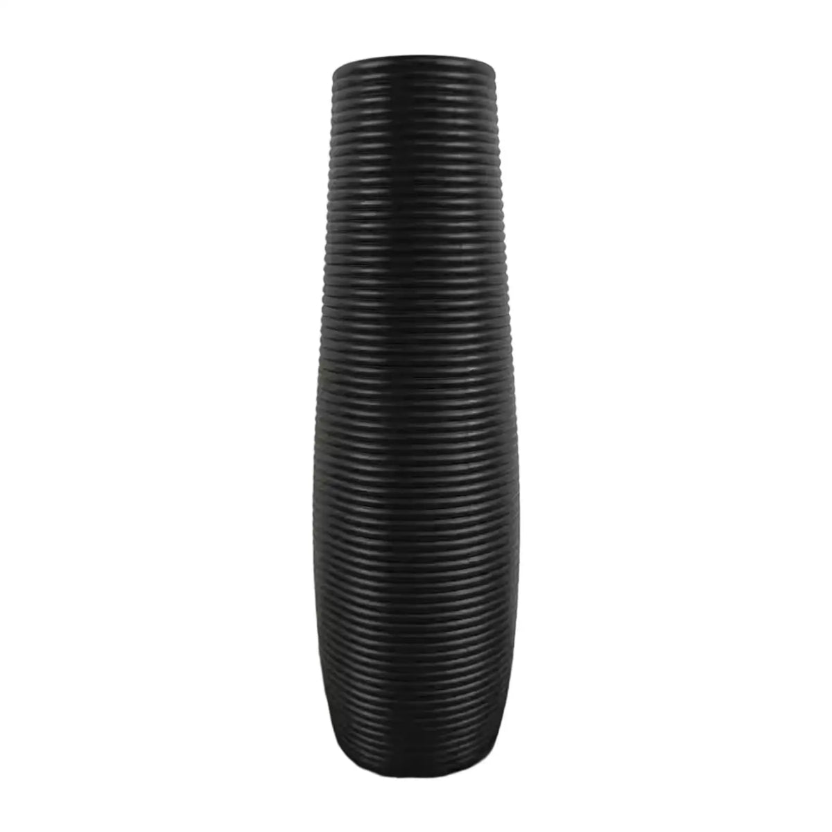 A black, cylindrical floor vase with a ribbed texture.