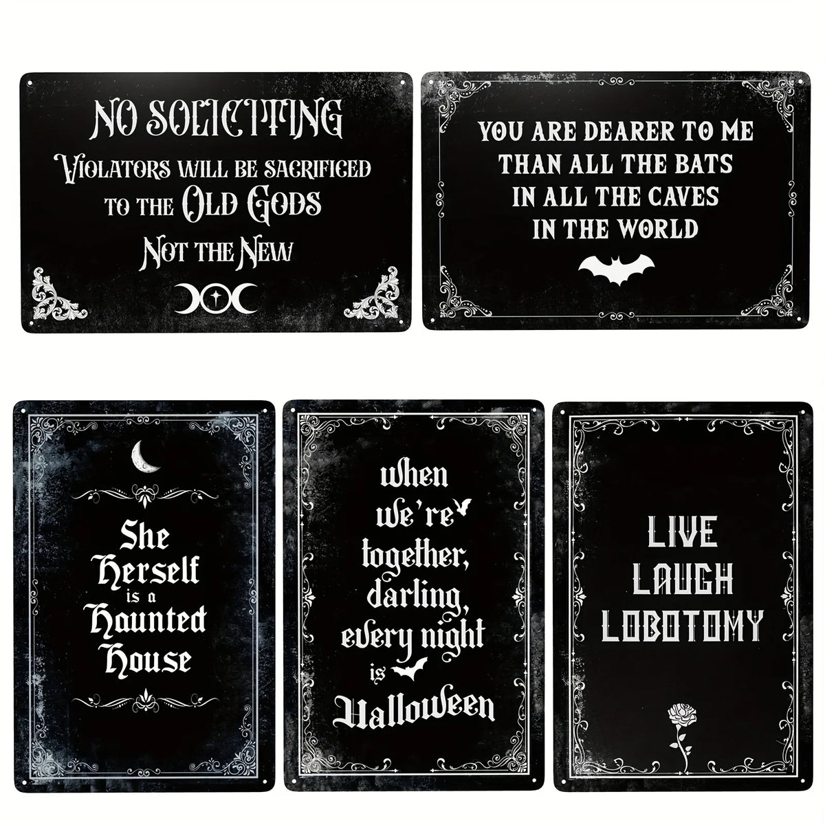Three black metal tin signs featuring gothic and spooky Halloween phrases like No Soliciting and Live Laugh Lobotomy