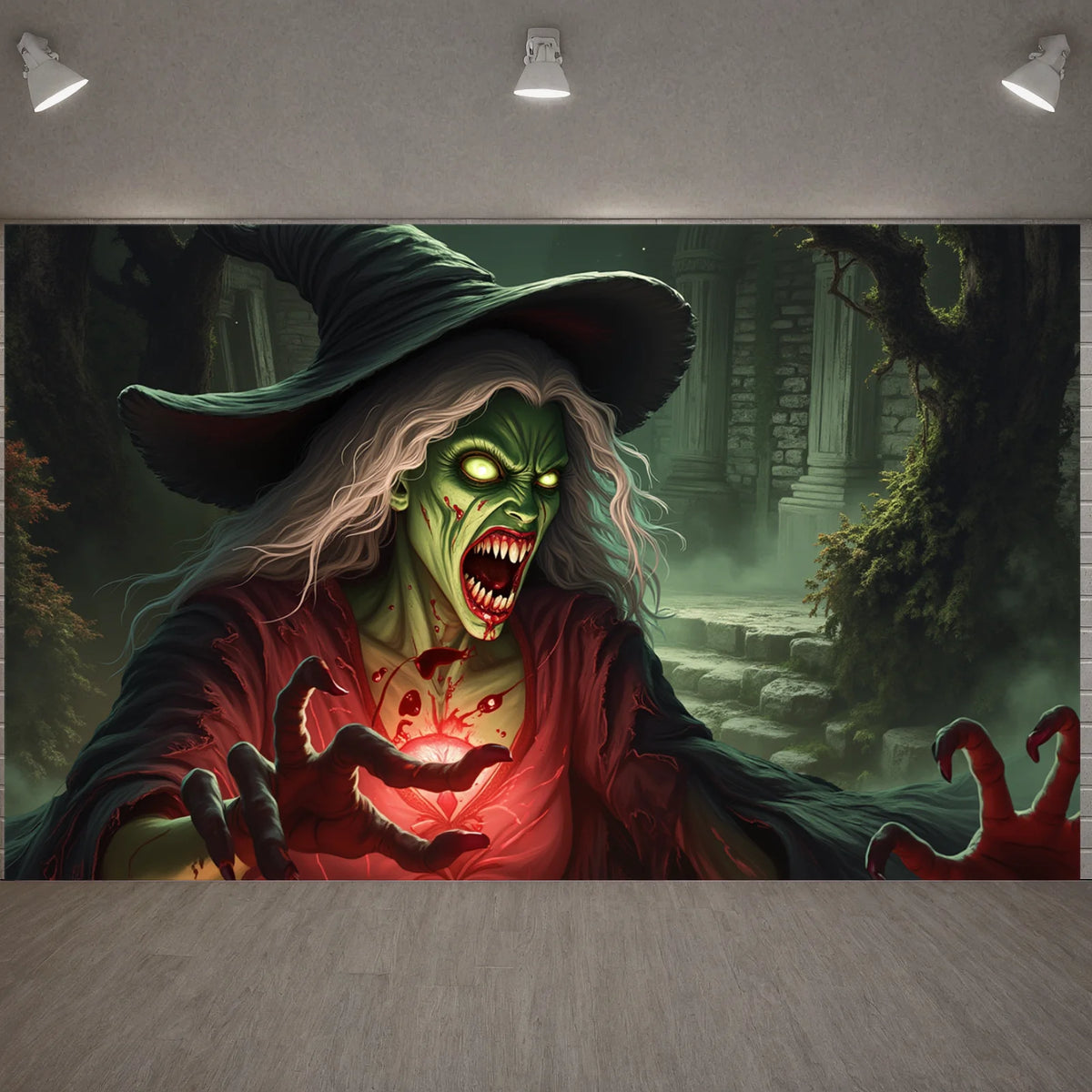 A terrifying witch figure with glowing green skin and a wide grin wearing a large hat in a moonlit graveyard scene.