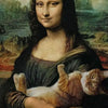 Pintura de una mujer con cabello largo y oscuro sosteniendo un gato naranja y blanco.