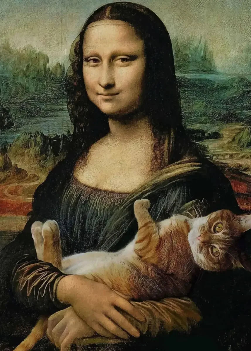Pintura de una mujer con cabello largo y oscuro sosteniendo un gato naranja y blanco.