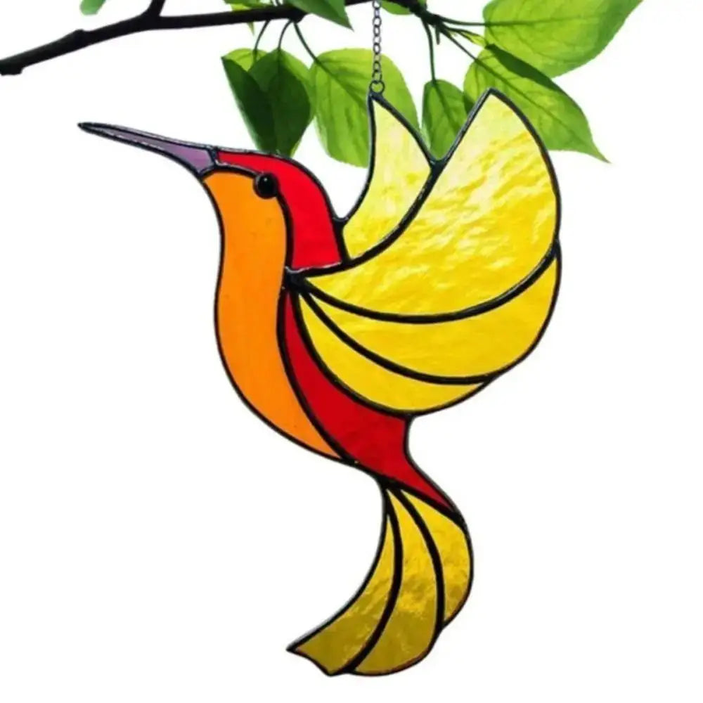 Colorful acrylic hummingbird suncatcher hanging ornament with vibrant orange, yellow, and red hues