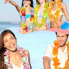 Four women wearing glow-in-the-dark LED Hawaiian lei necklaces in various colors and shades