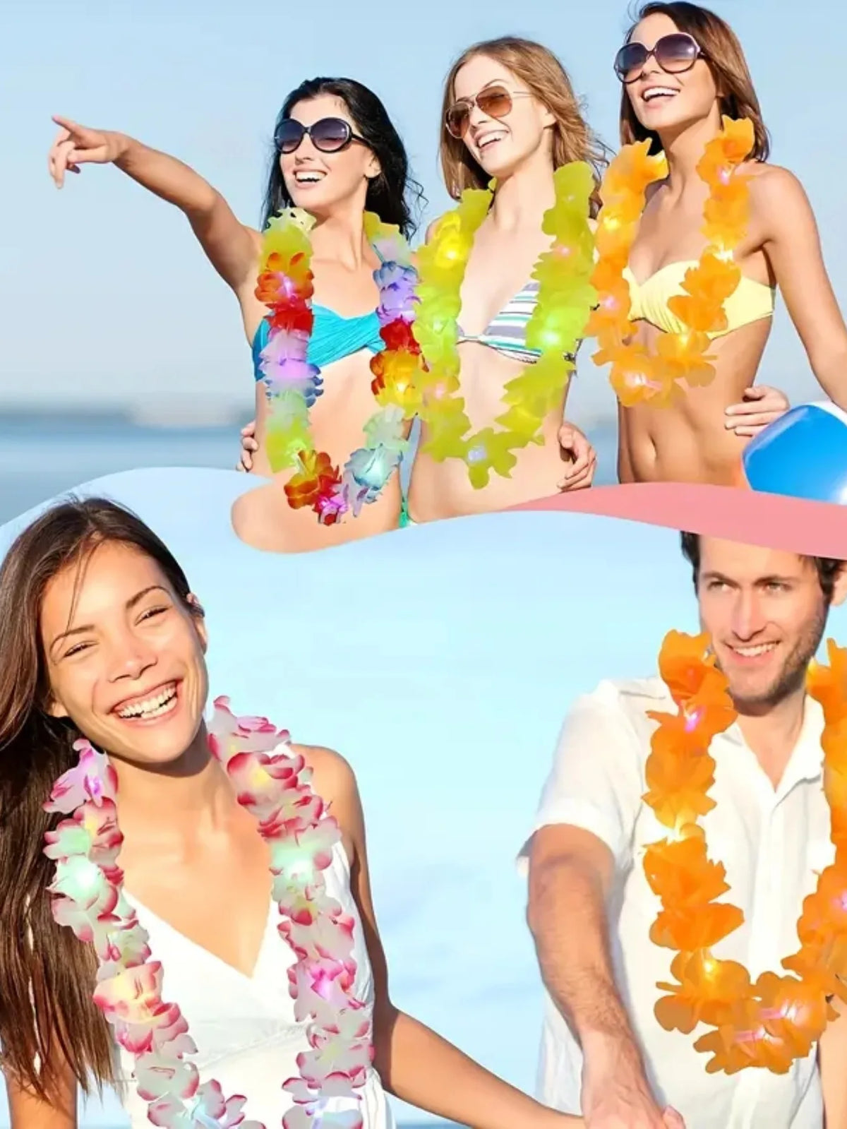 Four women wearing glow-in-the-dark LED Hawaiian lei necklaces in various colors and shades