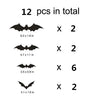 Twelve bat-shaped wall stickers for Halloween decor, including various sizes and quantities.