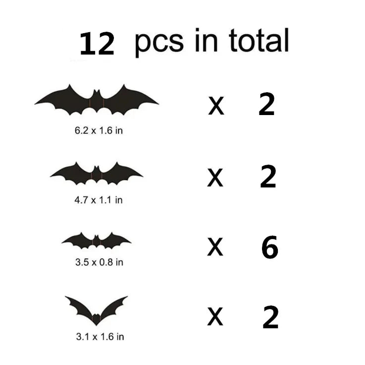 Twelve bat-shaped wall stickers for Halloween decor, including various sizes and quantities.