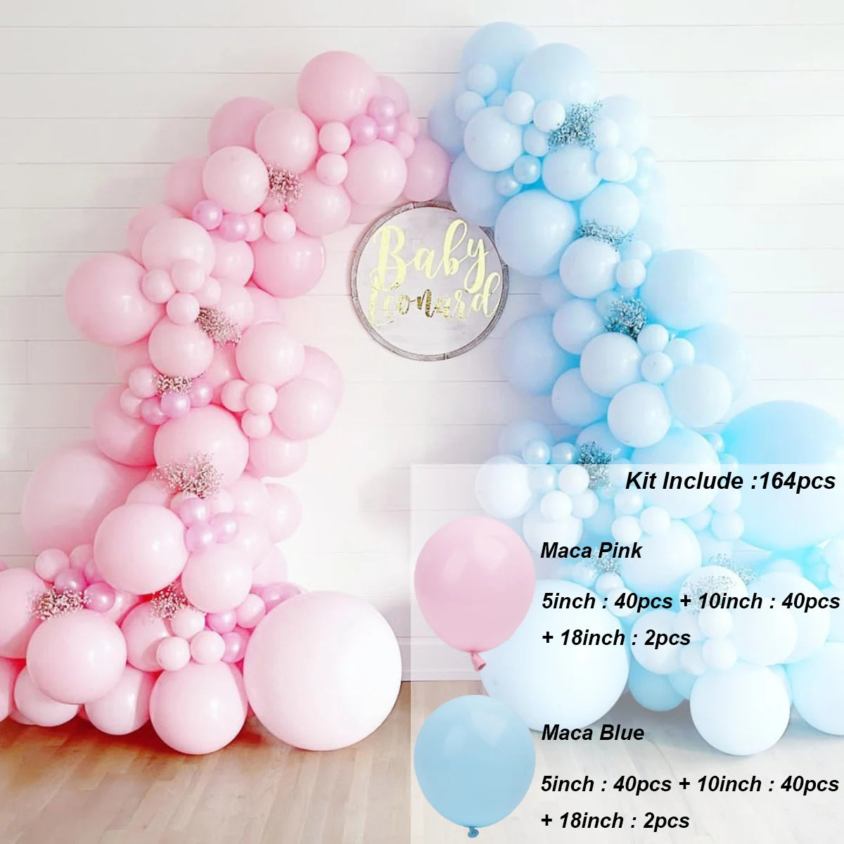 A balloon garland kit featuring pink and blue balloons arranged in a decorative display.