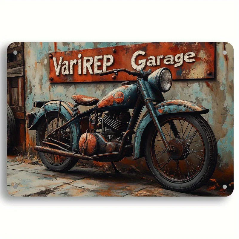 A vintage blue motorcycle parked in front of a metal wall sign that reads VariREP Garage.