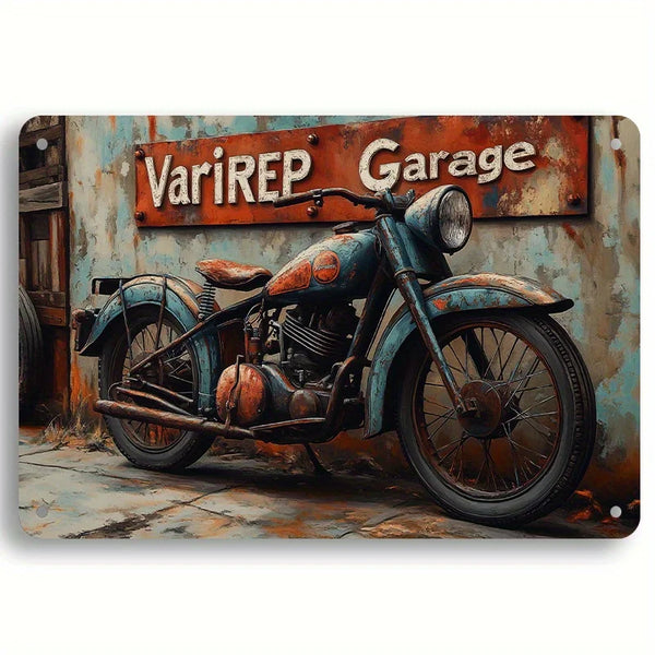 A vintage blue motorcycle parked in front of a metal wall sign that reads VariREP Garage.