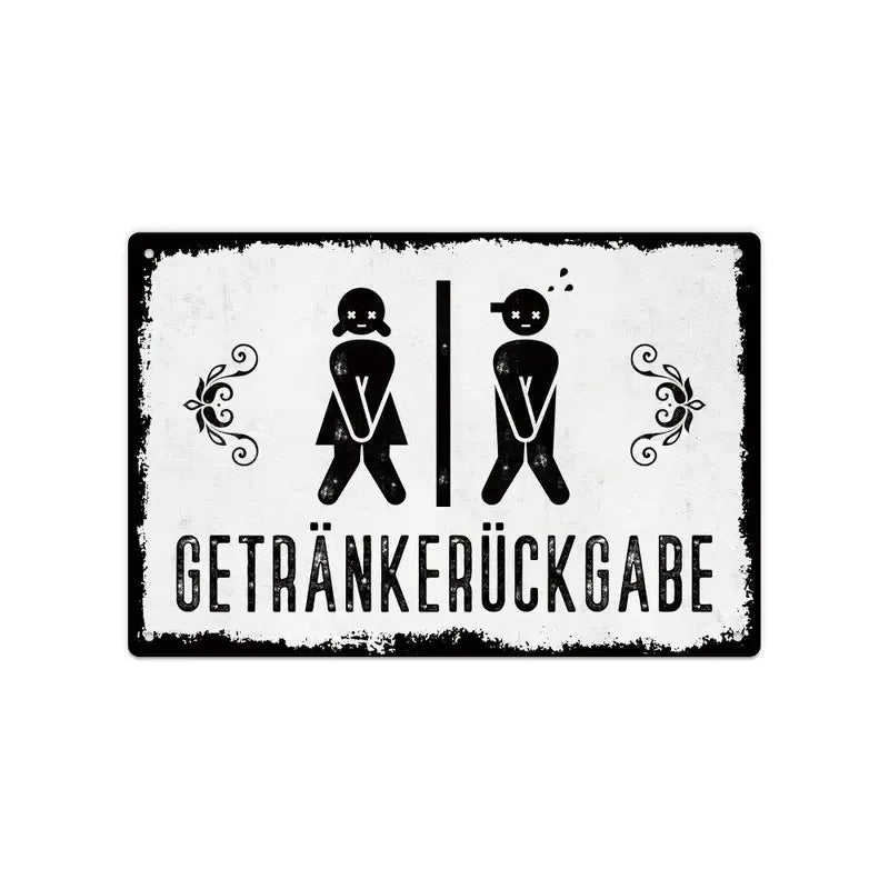 Vintage Metall-Badezimmerwandschild mit stilisierter Person und dekorativen Wirbeln