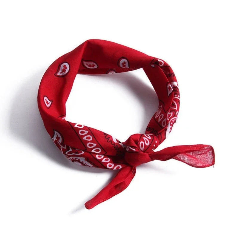 A red bandana or scarf tied in a knot, featuring white paisley patterns.