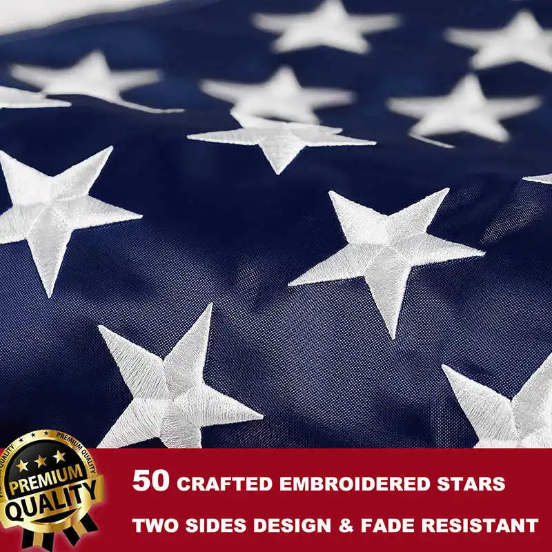 Close-up of a dark blue fabric featuring embroidered white stars on a flag design.