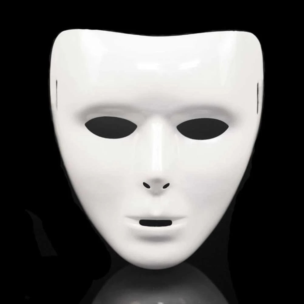 A white performance mask for dance or cosplay, shown from the front with a reflective surface below.