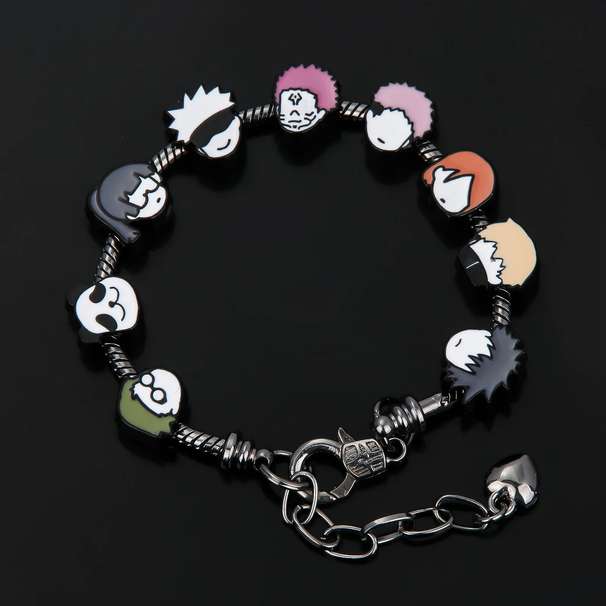 A charm bracelet featuring three enamel charms of Itadori, Fushiguro, and Gojo from Jujutsu Kaisen set against a dark backgro
