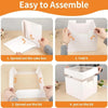 Step-by-step instructions showing how to assemble white bakery boxes with a window for cakes and pastries.