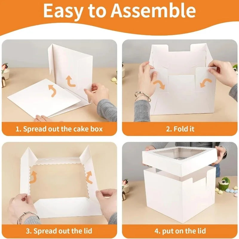Step-by-step instructions showing how to assemble white bakery boxes with a window for cakes and pastries.