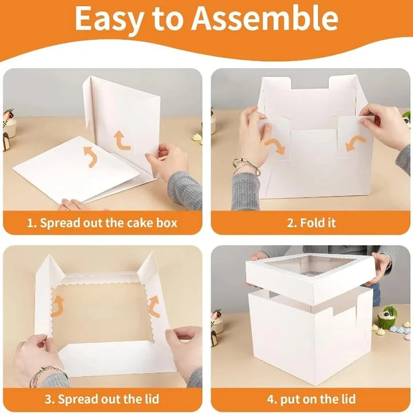 Step-by-step instructions showing how to assemble white bakery boxes with a window for cakes and pastries.