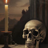 A dramatic painting featuring a lit candle, a skull, and dark atmospheric lighting.