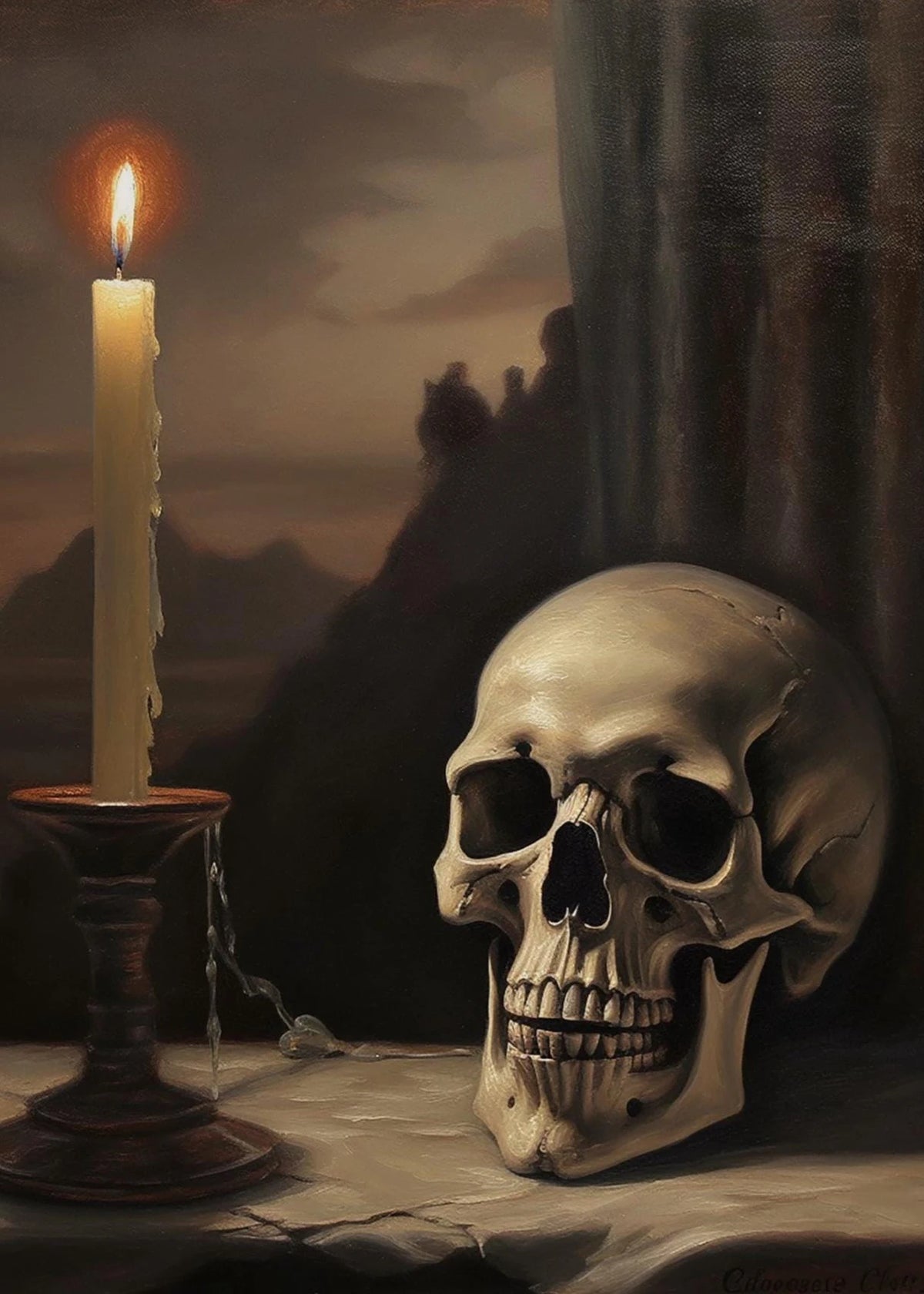 A dramatic painting featuring a lit candle, a skull, and dark atmospheric lighting.