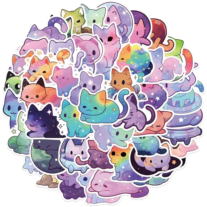 A collection of colorful aesthetic PVC starry sky cat stickers for scrapbooking
