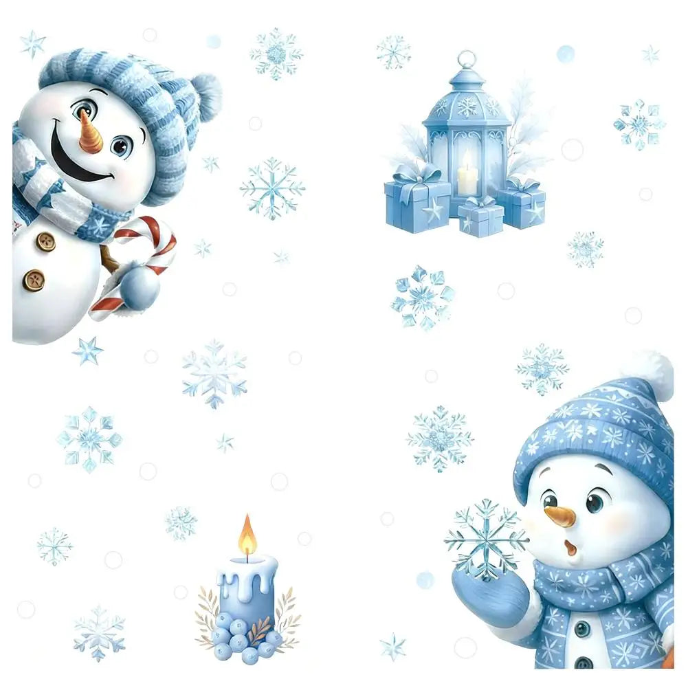 A cute snowman illustration surrounded by snowflakes and a blue lantern with gifts.