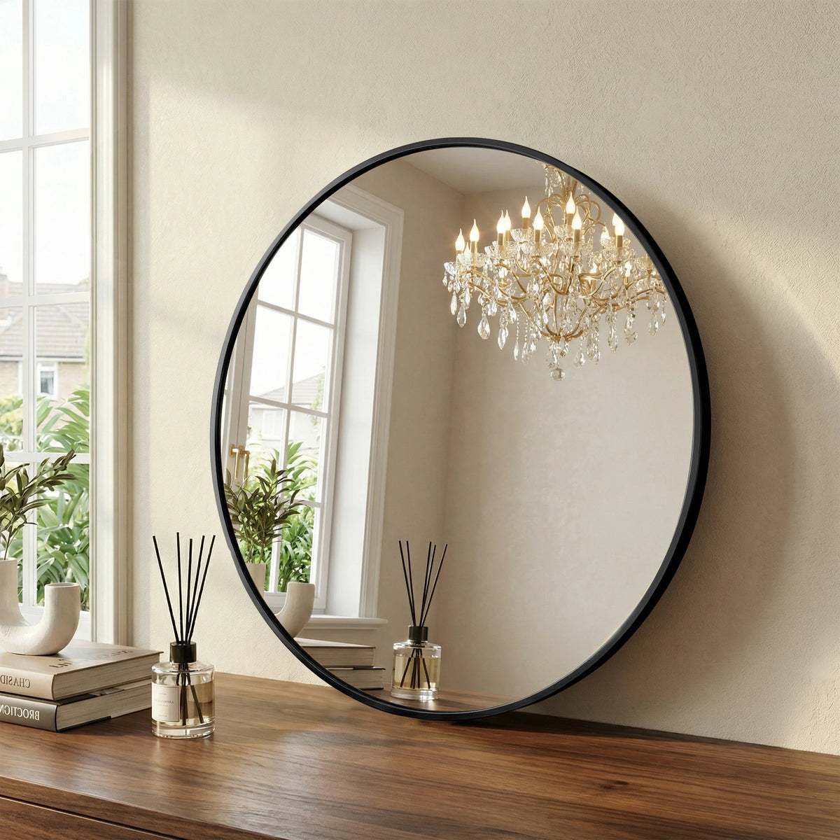 A round black-framed mirror reflects a bright crystal chandelier and natural light.