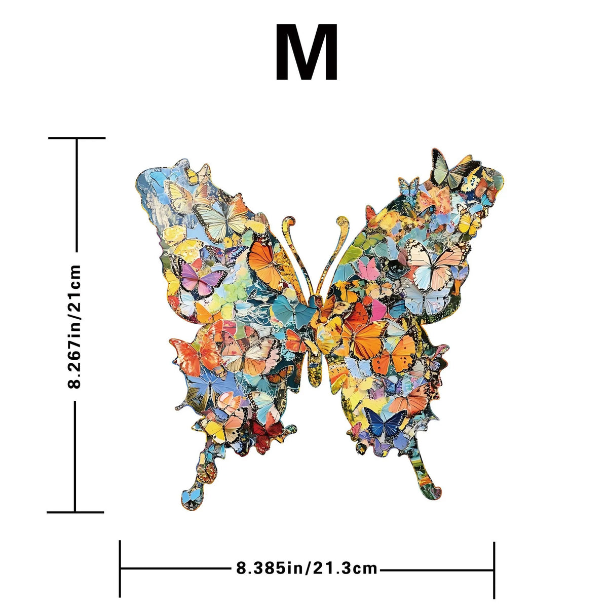 A detailed collage of colorful butterflies forming a cat shape on a wooden jigsaw puzzle.