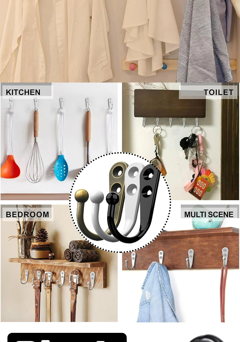 Rustproof zinc alloy wall hooks with screws for coats, bags, and towels displayed in various contexts.
