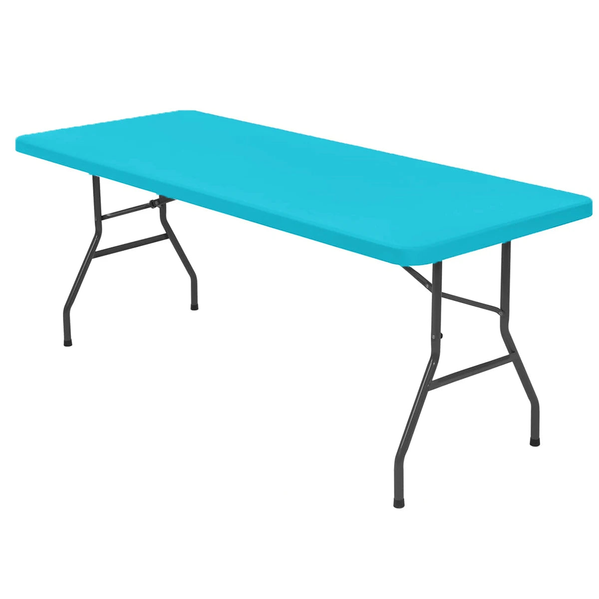 A bright blue stretch spandex tablecloth set with black metal legs.