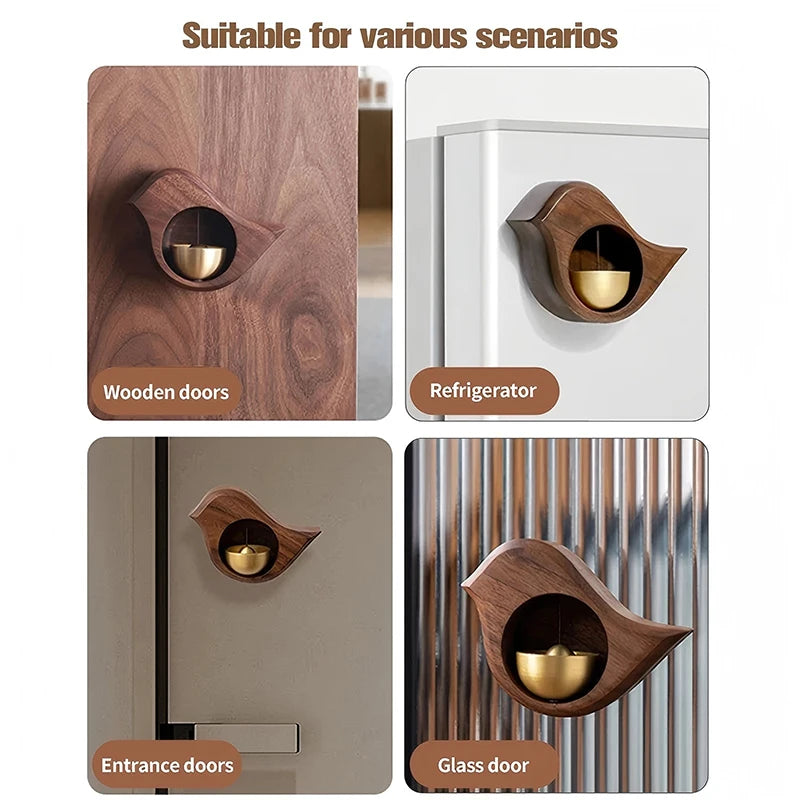 Magnetic wooden doorbell with a charming chime shown installed on various doors like wooden, refrigerator, entrance, and glas