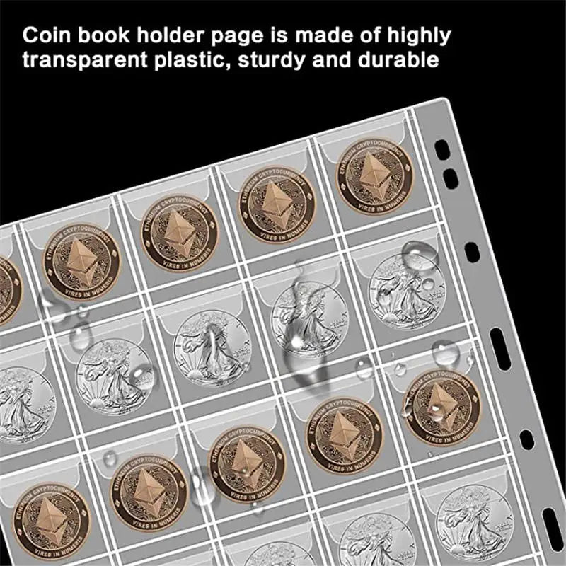A coin book holder page made of highly transparent plastic, sturdy and durable.