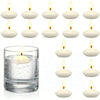 A set of unscented floating candles in various sizes and shapes displayed in a glass of water.