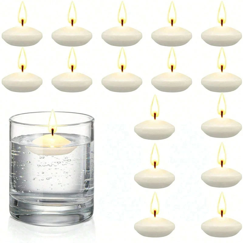 A set of unscented floating candles in various sizes and shapes displayed in a glass of water.