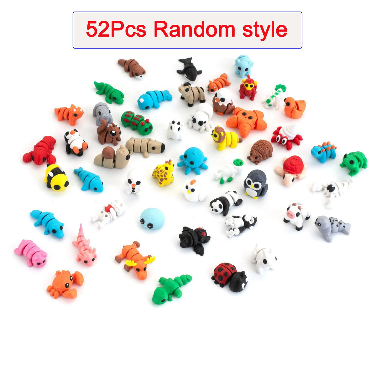 A collection of 52 random style articulated 3D animal figurines in various colors and shapes.