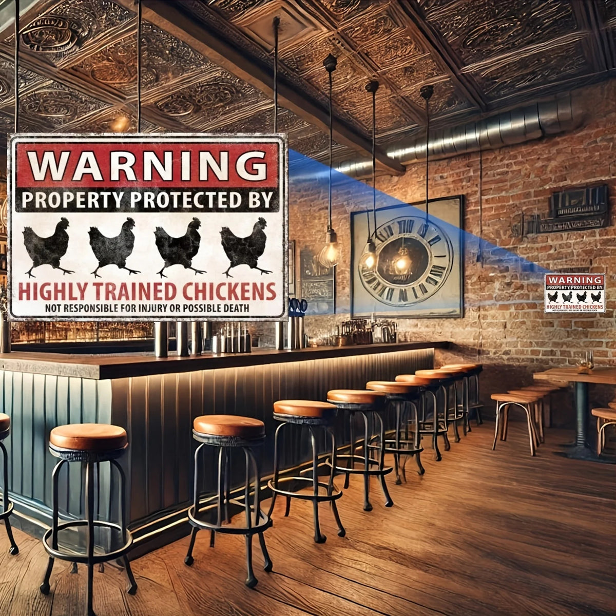 A vintage metal tin sign warning property protected by highly trained chickens inside a rustic bar setting.