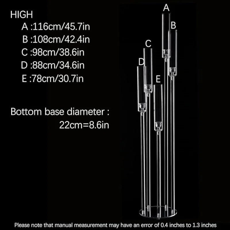Diagram showing dimensions of a 5-arm acrylic LED candelabra, labeled A through E and bottom base diameter.