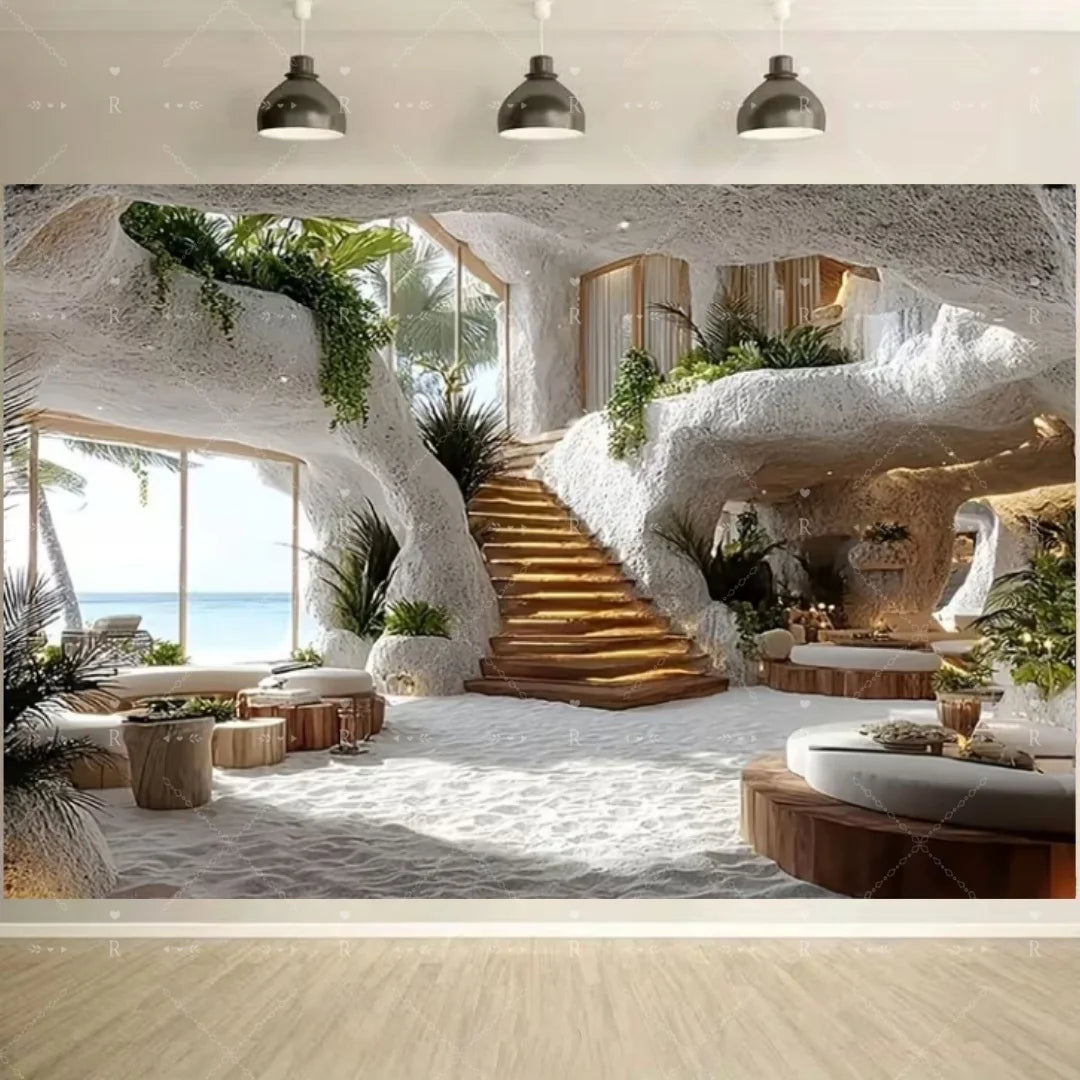 A bright, white cave-like interior with natural stone formations and lush greenery serves as a beach backdrop for photography