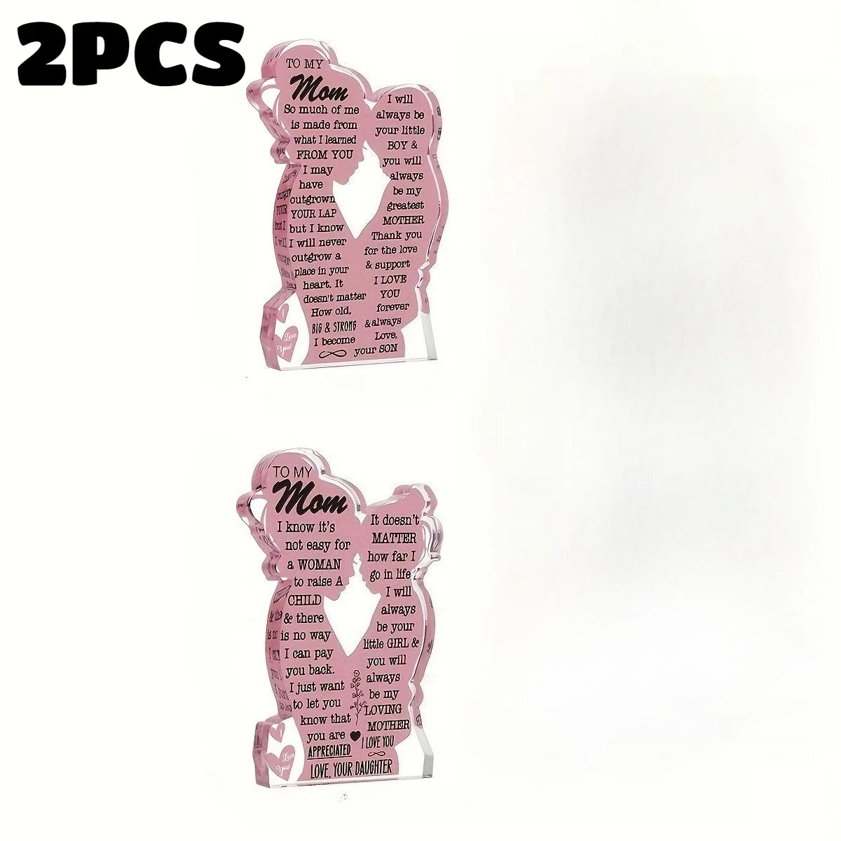 Two personalized acrylic plaques for Mother's Day gifts featuring heartfelt messages