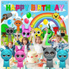 A colorful birthday banner featuring a rainbow and sun, surrounded by various balloon-shaped characters.