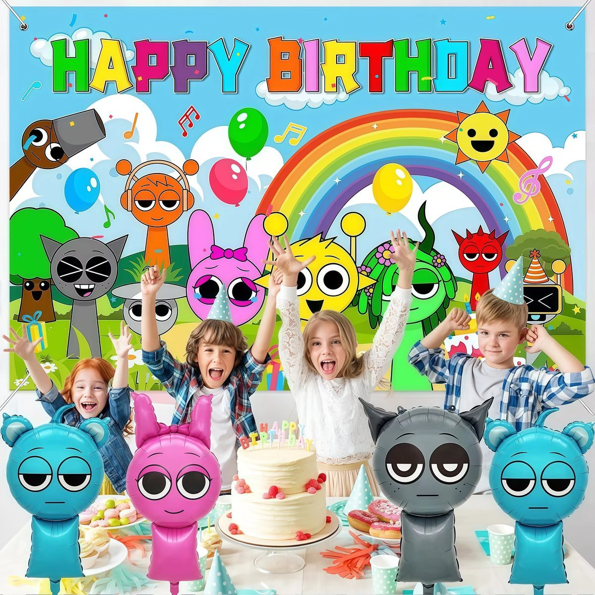 A colorful birthday banner featuring a rainbow and sun, surrounded by various balloon-shaped characters.