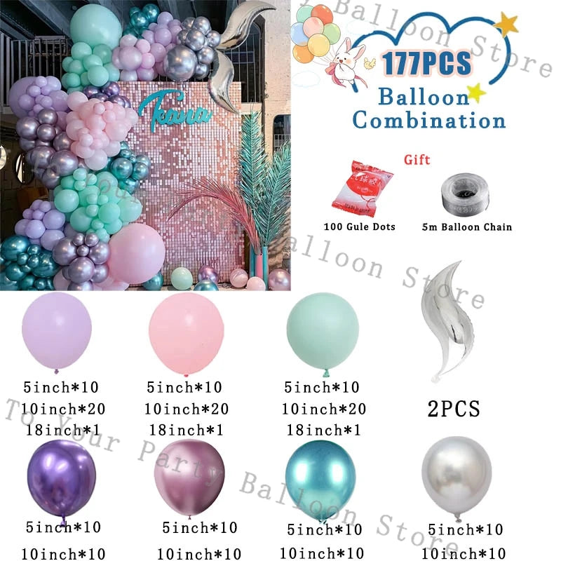 A collection of pastel colored balloons in various sizes and shades, including pink, purple, mint green, and blue, displayed 