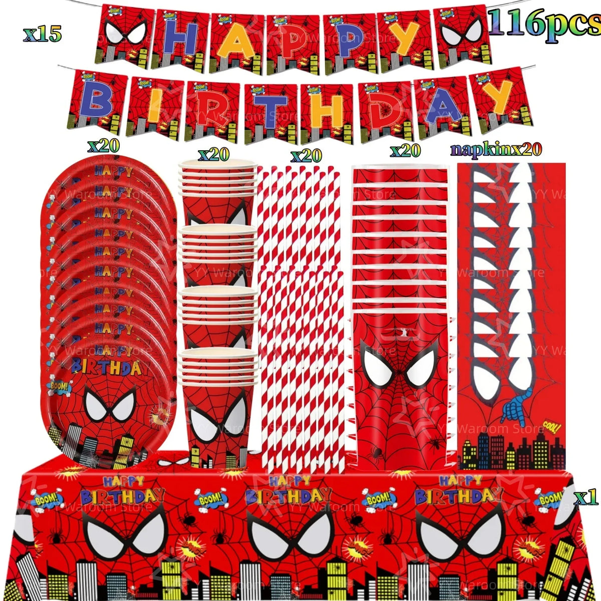 A set of red and black superhero themed party tableware including banners, plates, cups, and napkins.