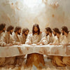 Oil painting depicting a group of men gathered around a table, with a bright light source above them.