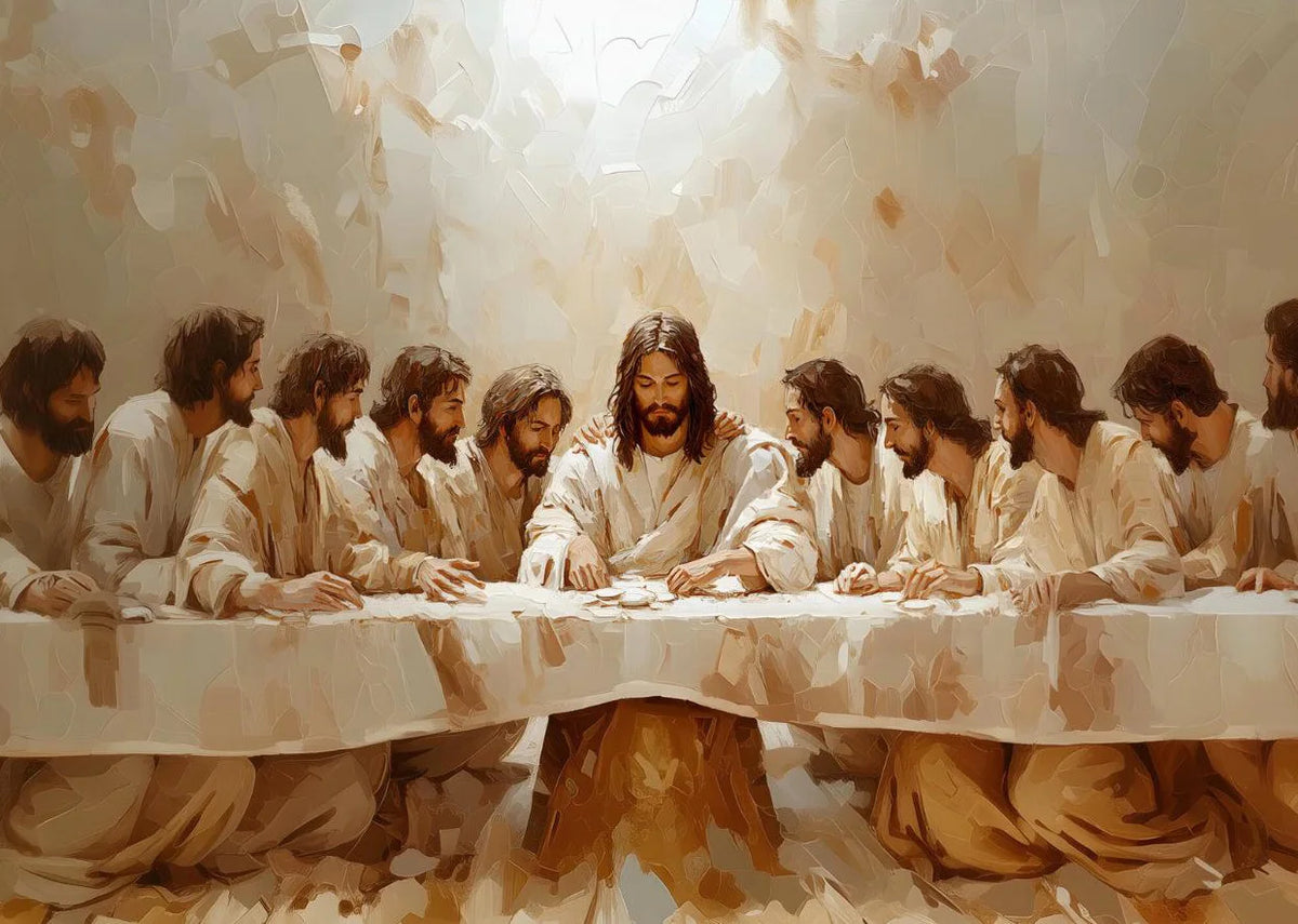 Oil painting depicting a group of men gathered around a table, with a bright light source above them.