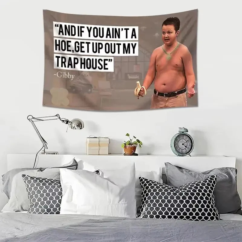 A wall hanging featuring a quote about a trap house with a man in a shirt and jeans.