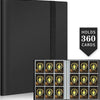 A black trading card storage binder with a protective sleeve, showing it holds 360 cards.